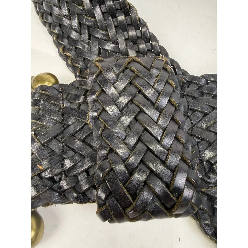 Club Monaco Dark Black Braided Leather Belt Wide Brass Rope Buckle VTG